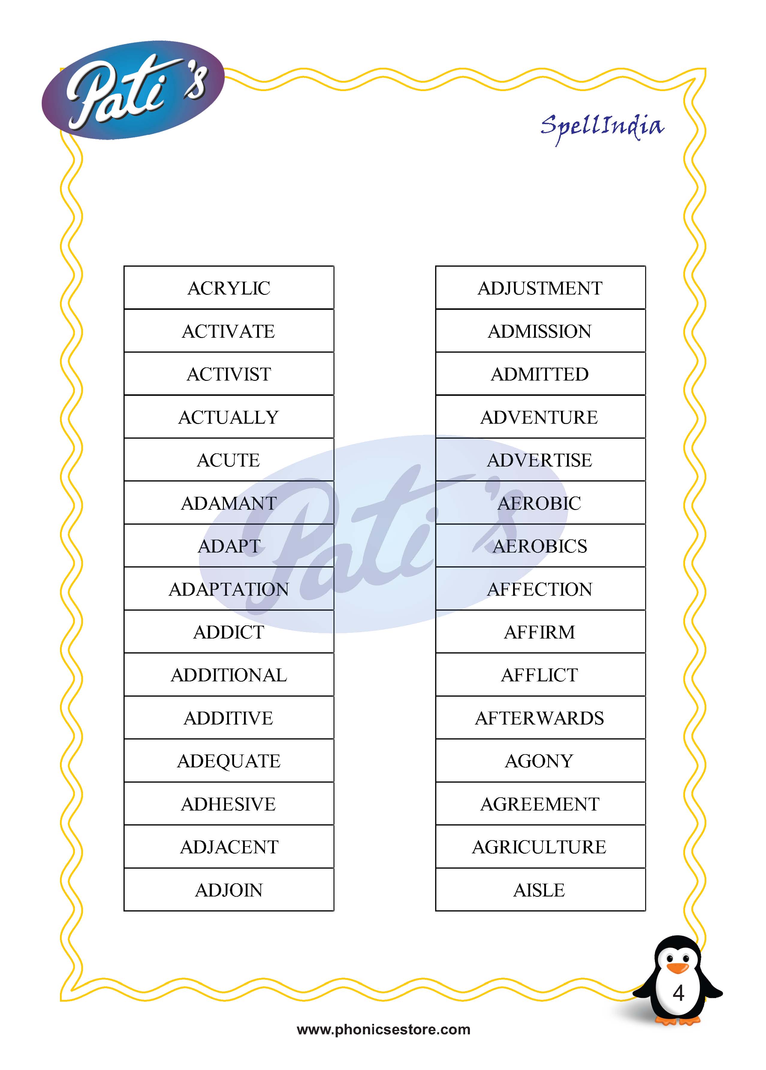 Pati Spelling Bee word list Class 5 Grade 5